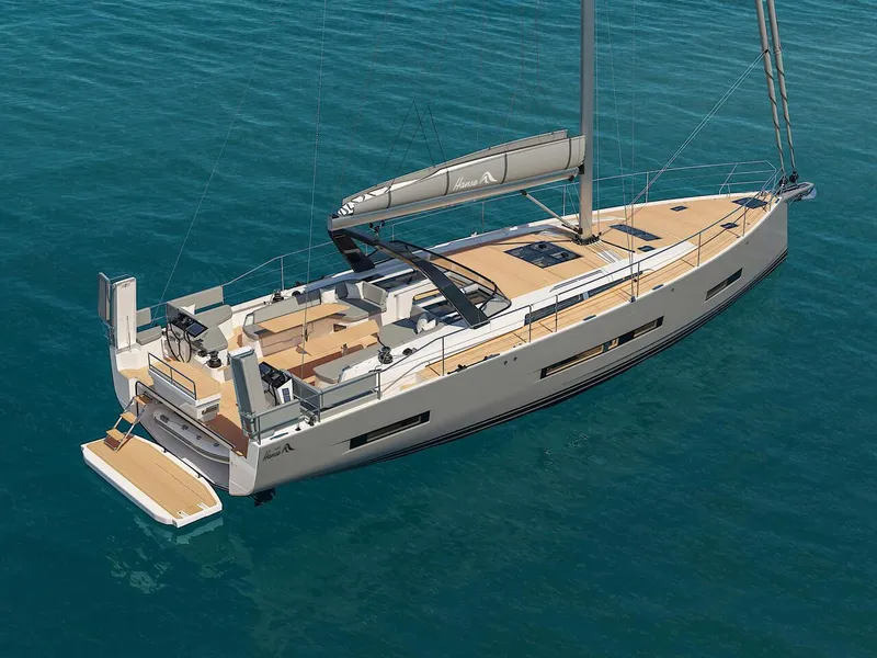 Slide: The Image of 2025 Hanse 590 yacht sailing on clear blue water. - 2
