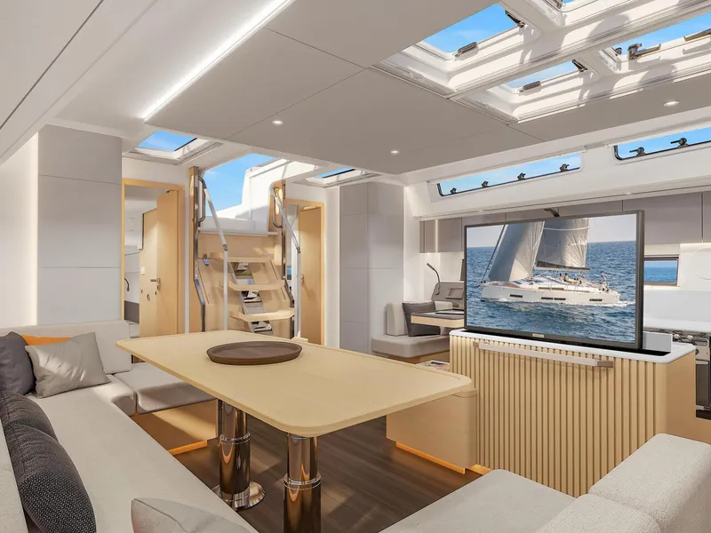 Slide: The Image of Luxurious interior of 2025 Hanse 590 yacht with modern design and spacious seating. - 36