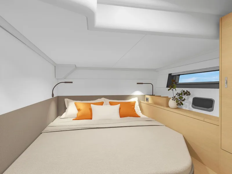 Slide: The Image of Luxurious 2025 Hanse 590 yacht cabin with modern design and cozy bedding. - 47