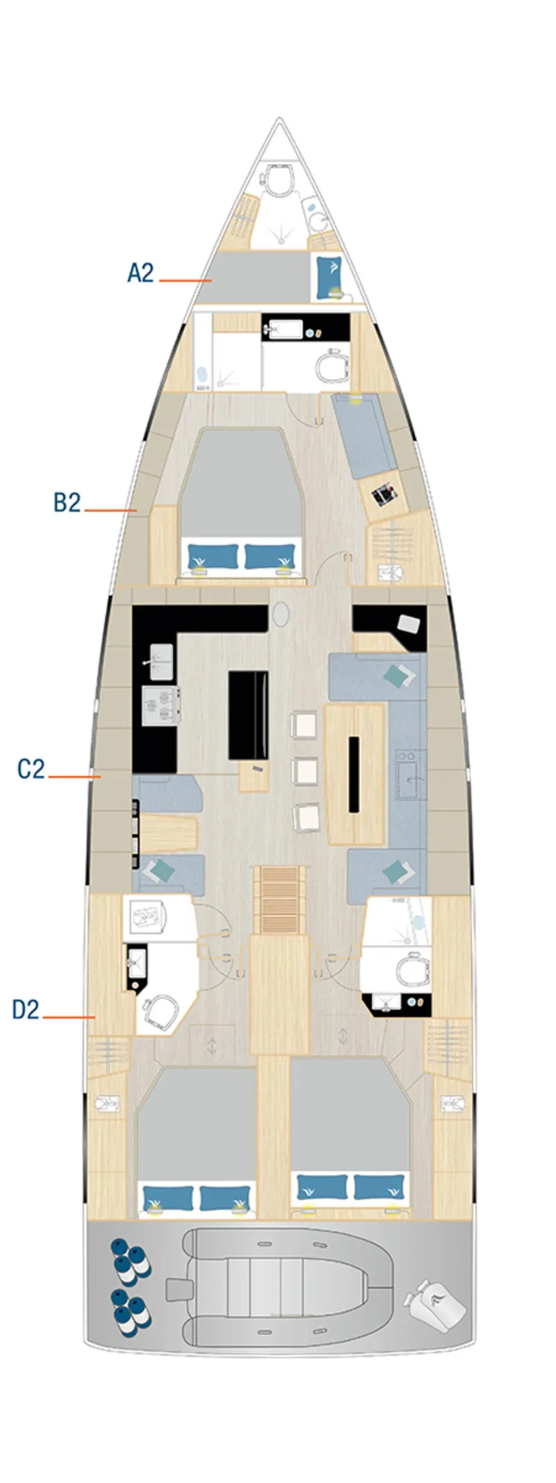 Slide: The Image of 2025 Hanse 590 yacht floor plan with detailed interior layout. - 49