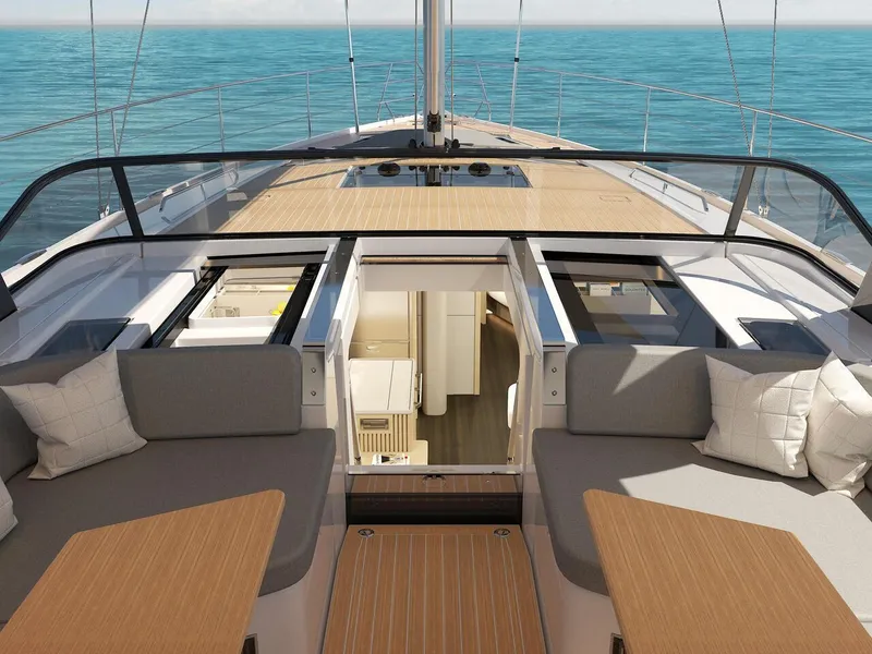 Slide: The Image of Luxurious 2025 Hanse 590 yacht deck with modern seating and ocean view. - 6