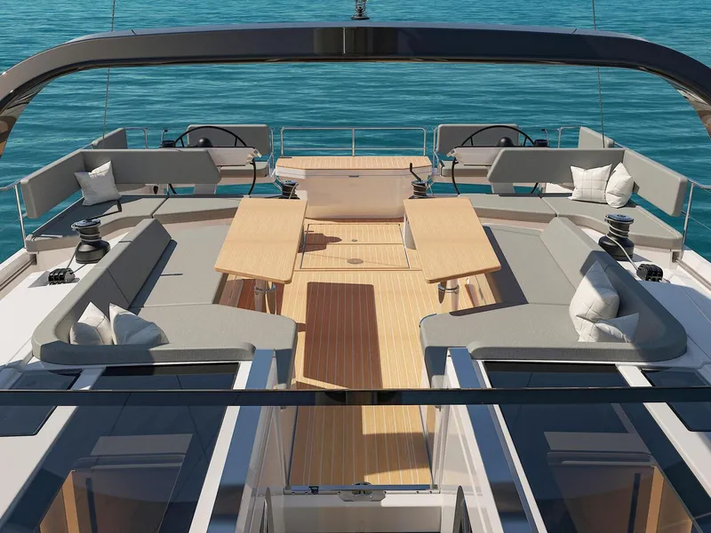 Slide: The Image of Luxurious 2025 Hanse 590 yacht deck with elegant seating and dining area. - 7