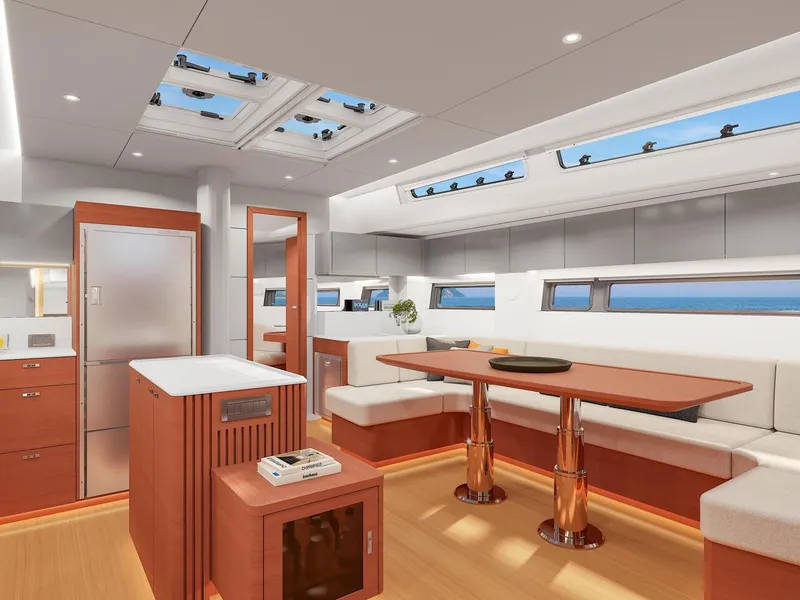 Slide: The Image of Luxurious interior of 2025 Hanse 590 yacht with modern design and spacious seating. - 35
