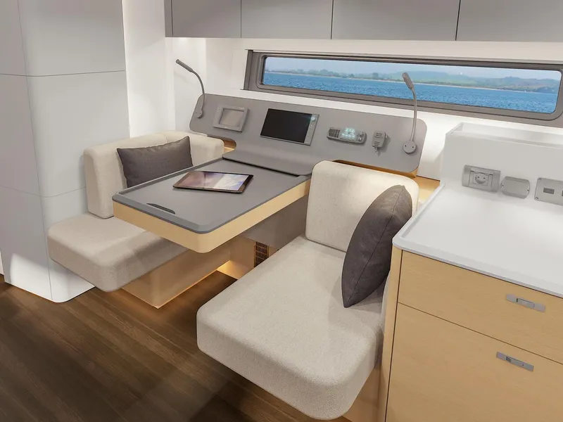 Slide: The Image of Modern interior of 2025 Hanse 590 yacht with sleek seating and navigation equipment. - 38