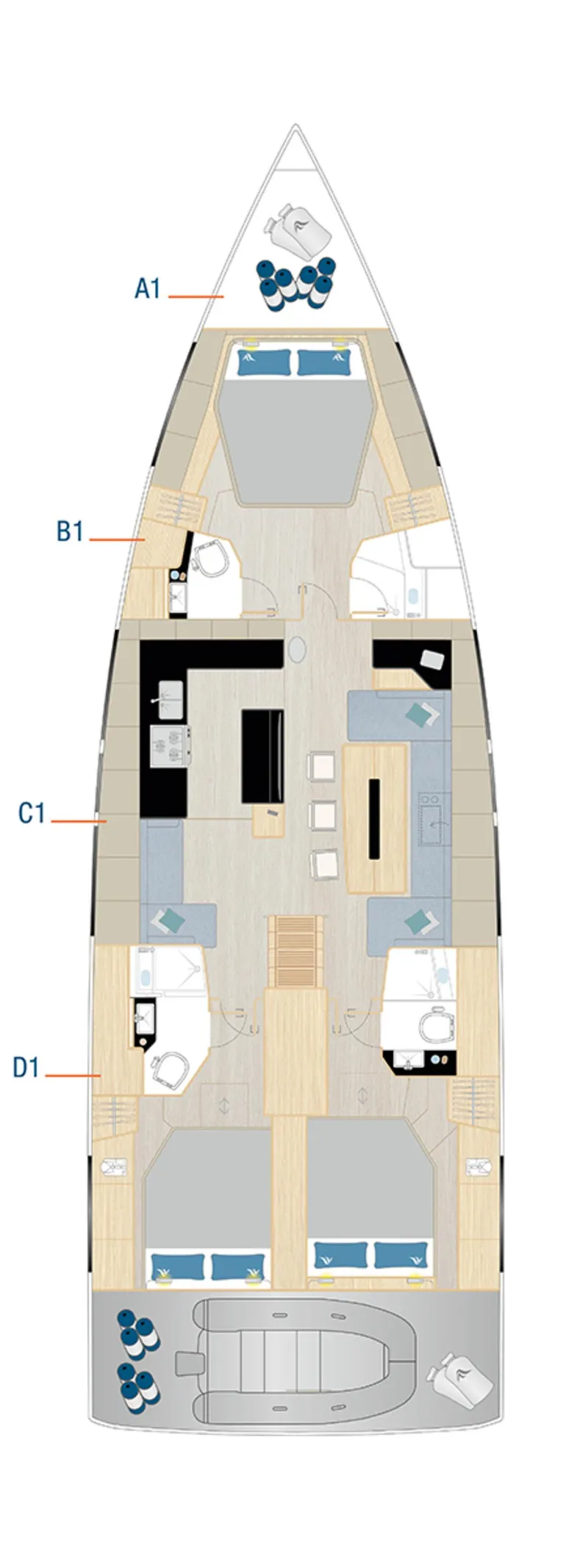 Slide: The Image of 2025 Hanse 590 yacht floor plan with detailed interior layout. - 48