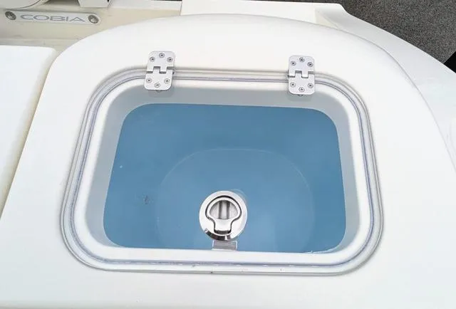 Slide: The Image of 2025 Cobia 220 CC boat deck with stainless steel fittings. - 46