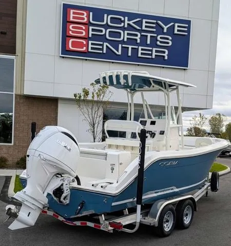 Slide: The Image of 2025 Cobia 220 CC boat on trailer, rear view, blue hull, red reflectors. - 7
