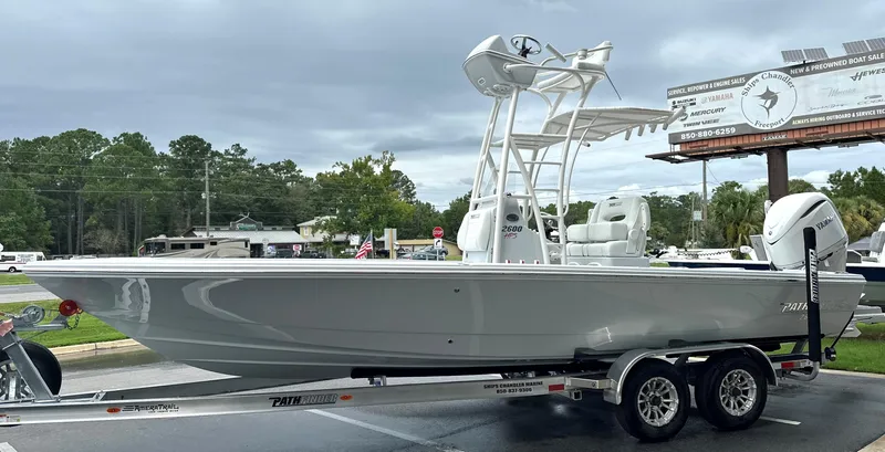 Slide: The Image of 2025 Pathfinder 2600 HPS boat on trailer, sleek design, parked outdoors. - 14
