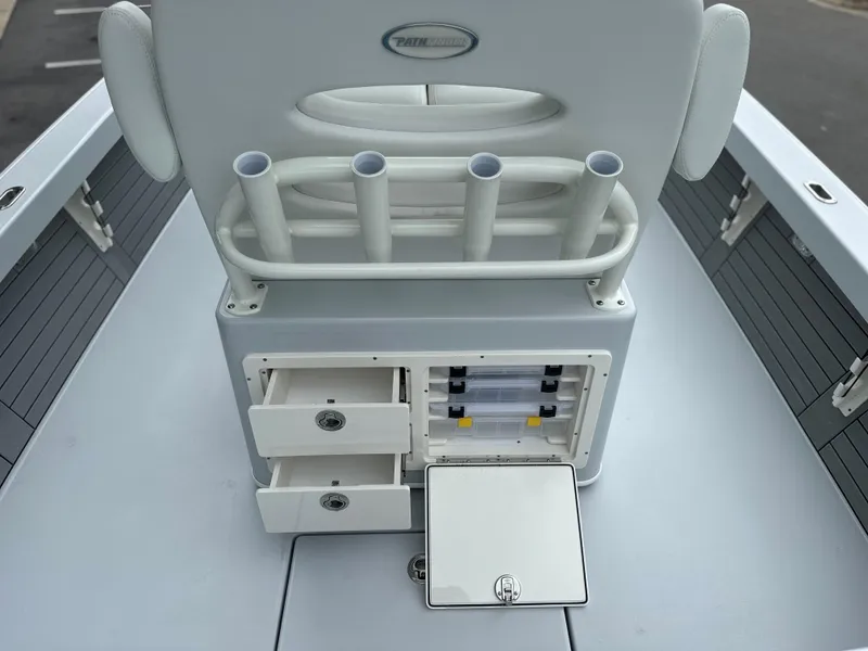 Slide: The Image of 2025 Pathfinder 2600 HPS boat with rod holders and storage compartments. - 18