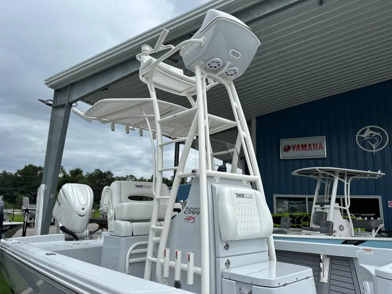 Slide: The Image of 2025 Pathfinder 2600 HPS boat with Yamaha engine at dealership. - 3