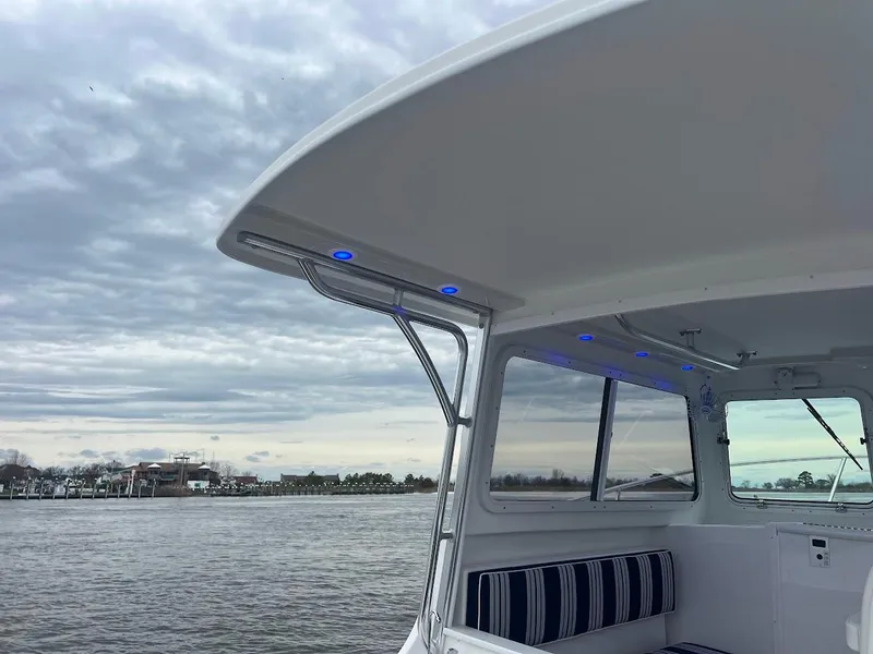 Slide: The Image of 2025 Steiger Craft 255 Annapolis boat with blue LED lights on a cloudy day. - 27