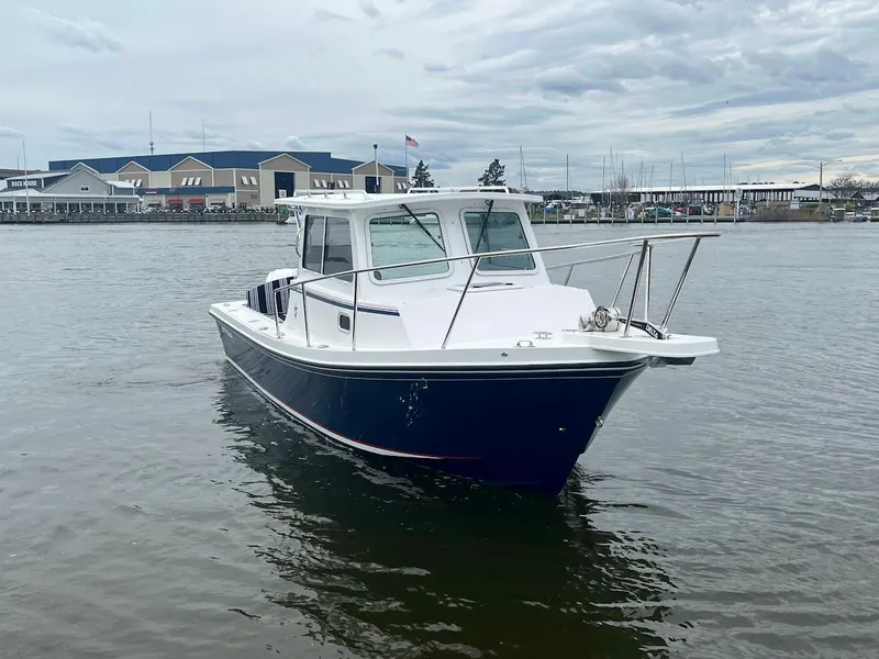 Slide: The Image of 2025 Steiger Craft 255 Annapolis boat on calm water, cloudy sky background. - 3