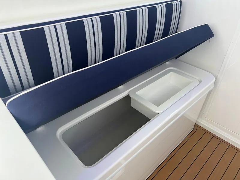 Slide: The Image of Steiger Craft 255 Annapolis 2025 boat seat with storage compartment, striped cushion. - 31