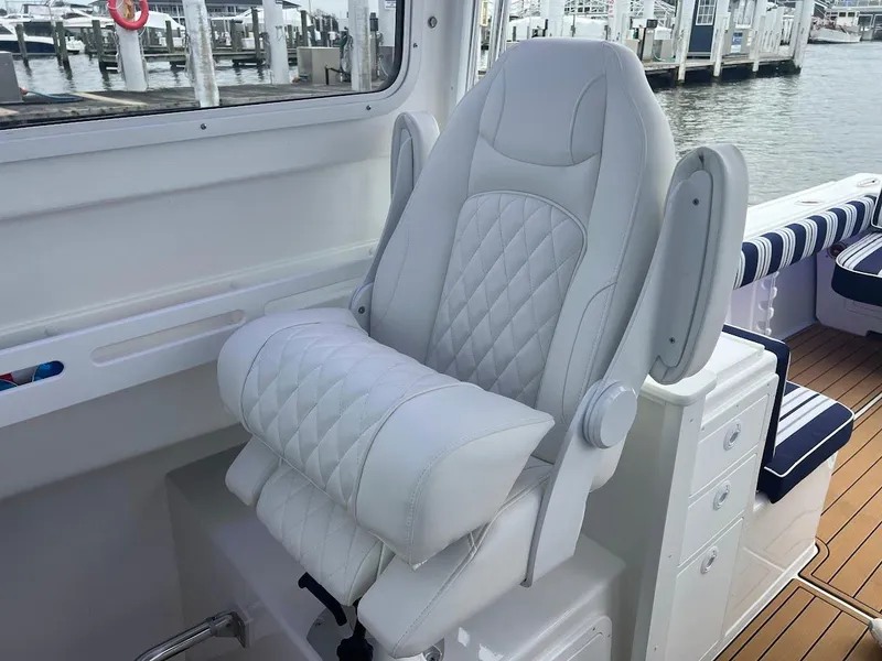 Slide: The Image of Luxury seating on 2025 Steiger Craft 255 Annapolis boat, dockside view. - 33