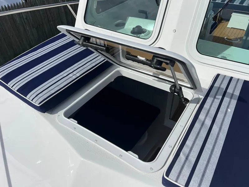 Slide: The Image of 2025 Steiger Craft 255 Annapolis boat hatch with striped cushions. - 41