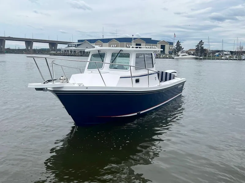 Slide: The Image of 2025 Steiger Craft 255 Annapolis boat on calm water near marina. - 5