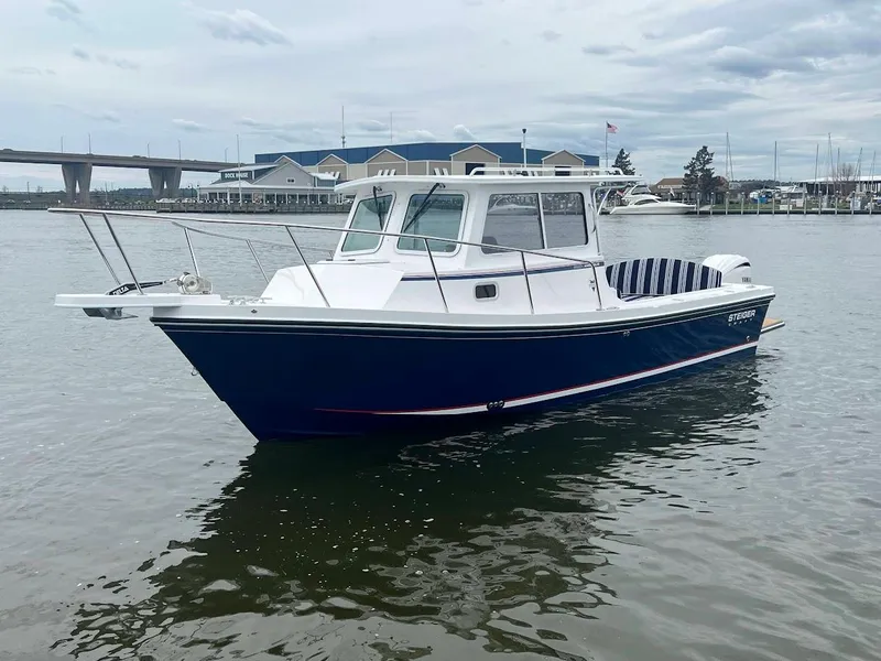 Slide: The Image of 2025 Steiger Craft 255 Annapolis boat on calm water near marina. - 6