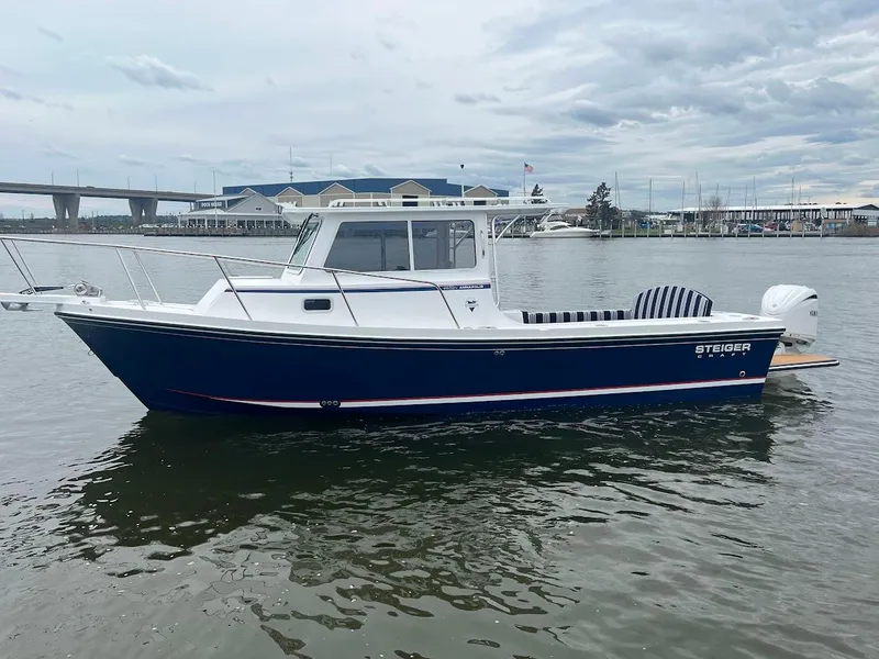 Slide: The Image of 2025 Steiger Craft 255 Annapolis boat on calm water, overcast sky. - 7