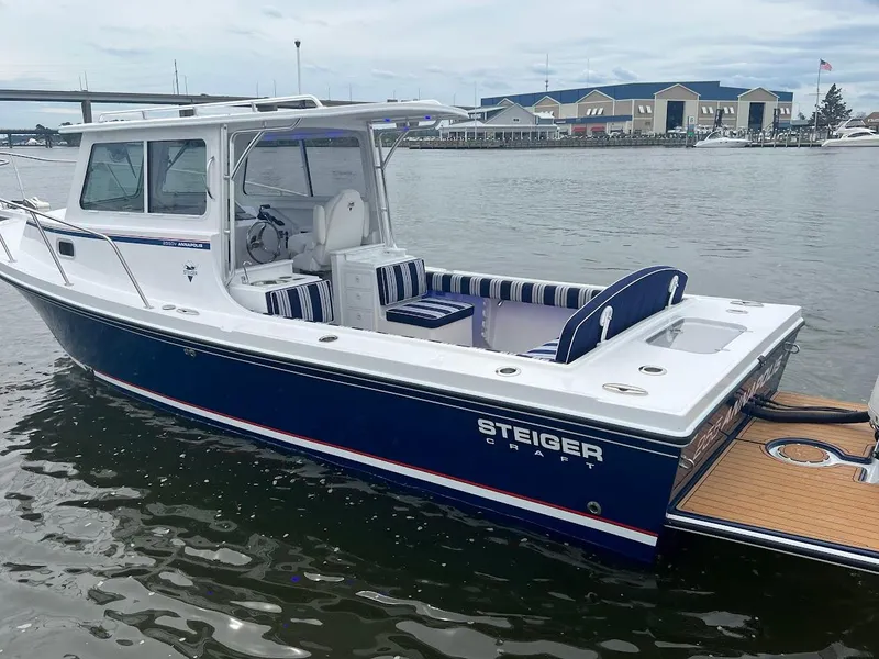 Slide: The Image of 2025 Steiger Craft 255 Annapolis boat docked in marina, featuring blue and white design. - 8
