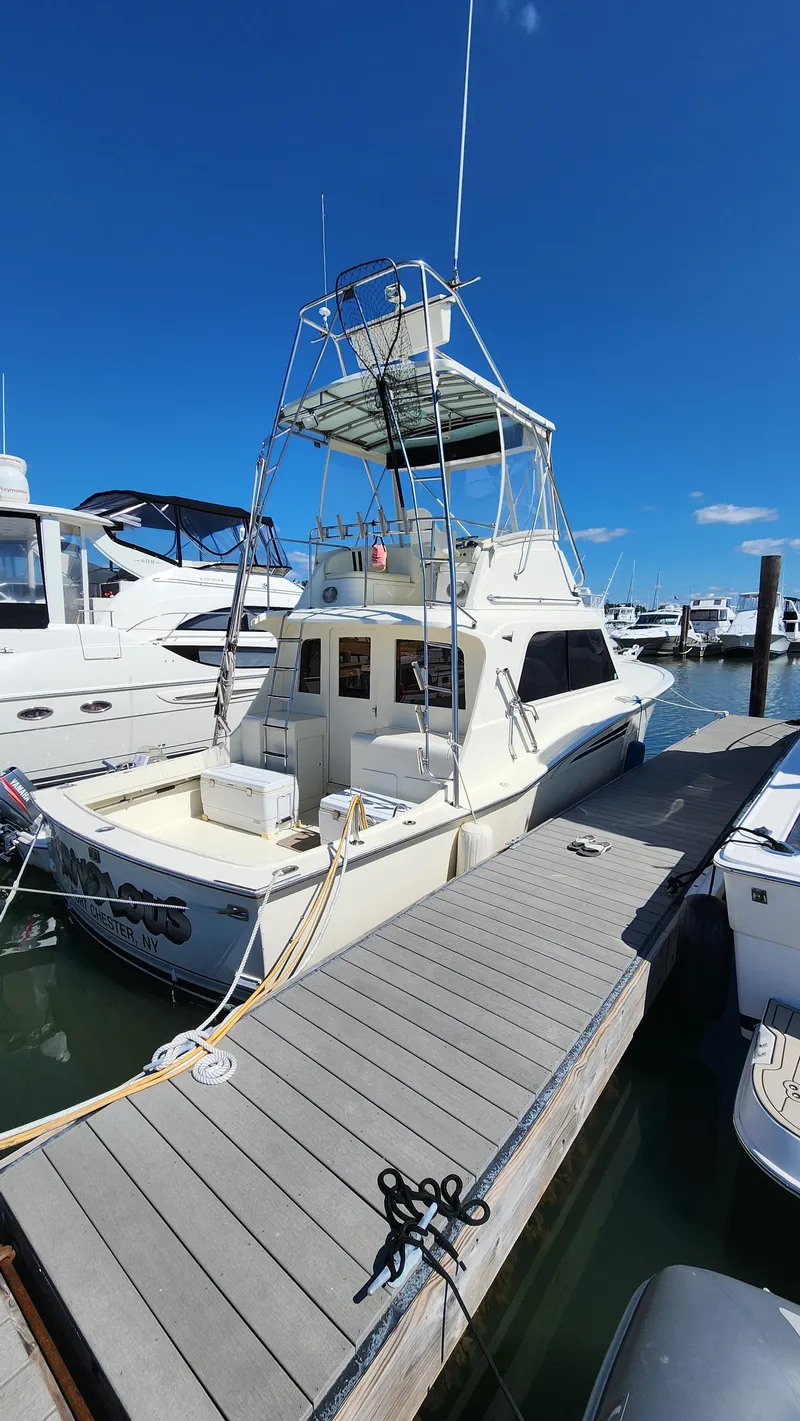The Image of 1969 Hatteras 36 Sport Fisherman docked at marina under clear blue sky. - 0