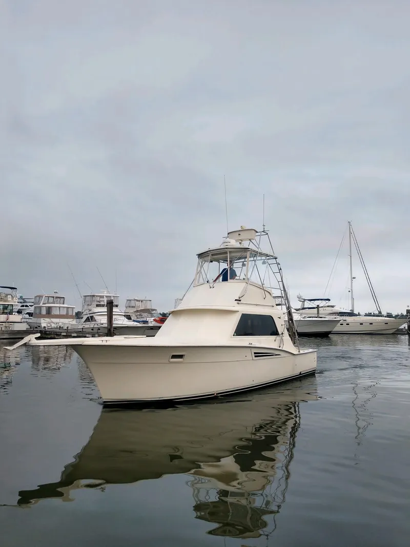 Slide: The Image of 1969 Hatteras 36 Sport Fisherman boat docked in a marina on a cloudy day. - 9