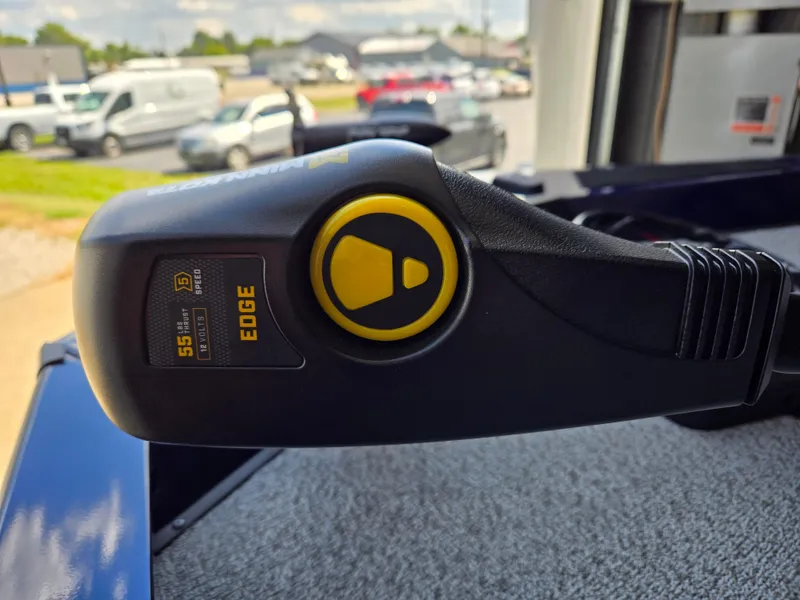 Slide: The Image of Close-up of a 2025 G3 Sportsman 1710 boat control handle with Edge branding. - 7