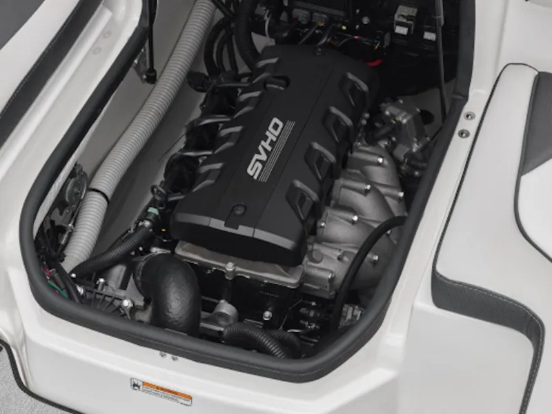 Slide: The Image of 2025 Yamaha Boats 195S engine compartment showcasing SVHO engine components. - 8