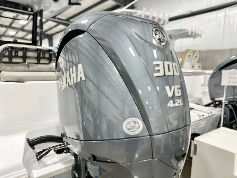 Slide: The Image of Yamaha 300 V6 outboard engine on 2025 Sportsman Open 232 boat. - 11