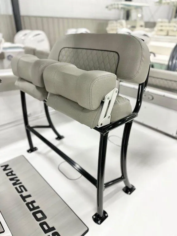 Slide: The Image of 2025 Sportsman Open 232 boat seat with cushioned backrest and sturdy frame. - 8