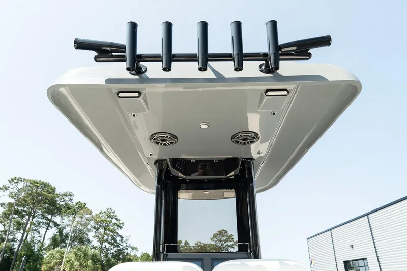 Slide: The Image of 2025 ShearWater 27 Carolina Open boat top view with rod holders. - 24
