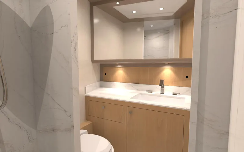 Slide: The Image of Luxurious bathroom interior of 2025 Ocean Alexander 28 Legend yacht, featuring modern fixtures and elegant design. - 16