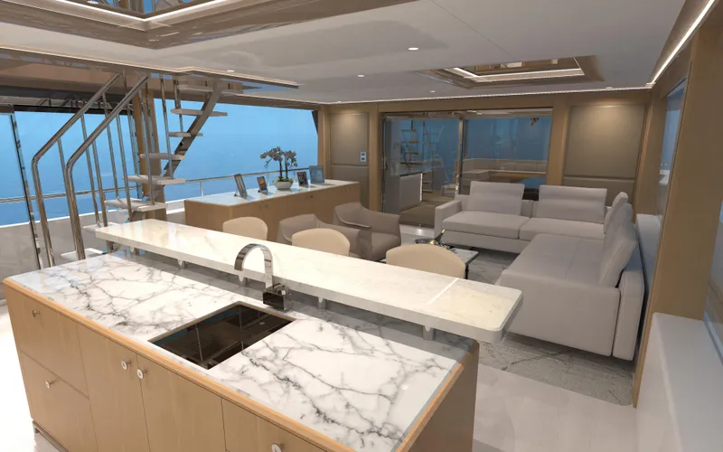 Slide: The Image of Luxurious interior of 2025 Ocean Alexander 28 Legend yacht with modern design and marble countertops. - 7