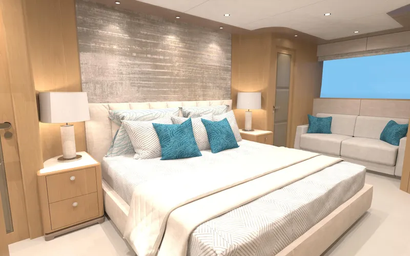 Slide: The Image of Luxurious bedroom interior of 2025 Ocean Alexander 28 Legend yacht with modern decor. - 8