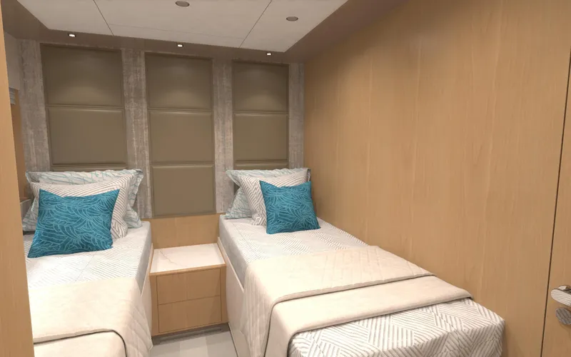 Slide: The Image of Twin bedroom in 2025 Ocean Alexander 28 Legend yacht, featuring modern design and blue accents. - 10
