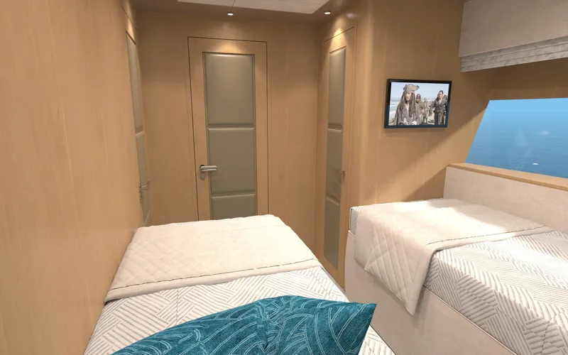 Slide: The Image of Luxurious cabin interior of 2025 Ocean Alexander 28 Legend yacht with twin beds and TV. - 11