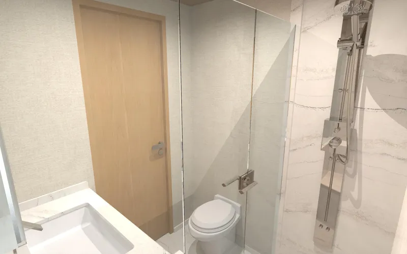 Slide: The Image of Luxurious bathroom in 2025 Ocean Alexander 28 Legend yacht, featuring modern fixtures and elegant design. - 12