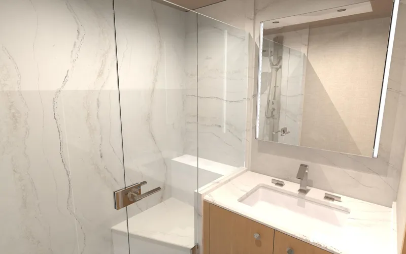 Slide: The Image of Luxurious bathroom in 2025 Ocean Alexander 28 Legend yacht with modern fixtures and marble accents. - 13