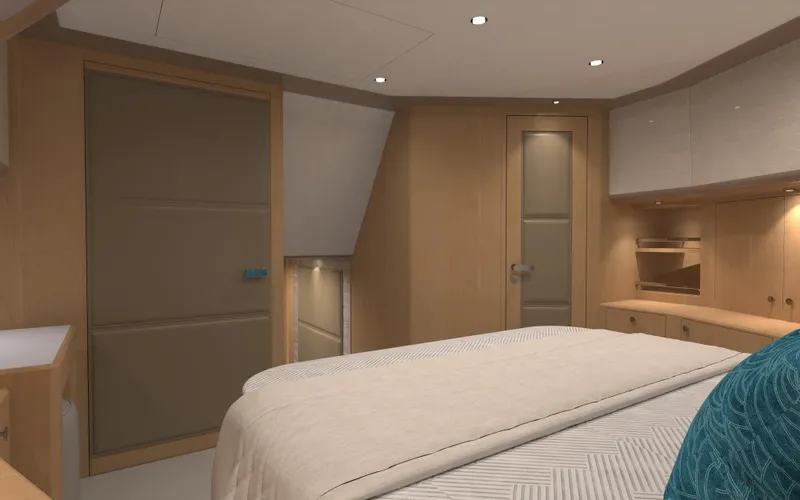 Slide: The Image of Luxurious bedroom interior of 2025 Ocean Alexander 28 Legend yacht, featuring modern design and cozy ambiance. - 14
