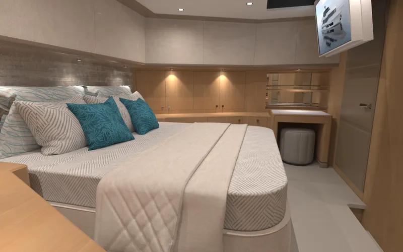 Slide: The Image of Luxurious bedroom interior of 2025 Ocean Alexander 28 Legend yacht with modern design. - 15