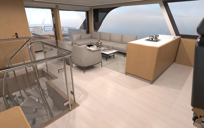 Slide: The Image of Luxurious interior of 2025 Ocean Alexander 28 Legend yacht with modern furnishings and panoramic windows. - 17