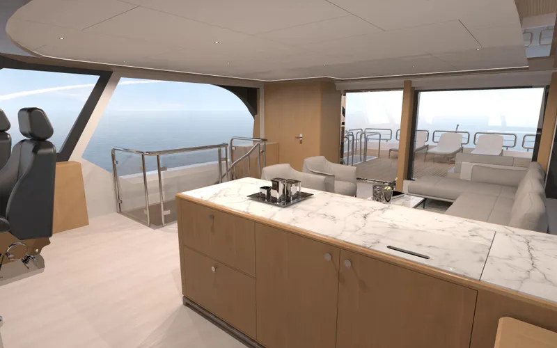 Slide: The Image of Luxurious interior of 2025 Ocean Alexander 28 Legend yacht with modern design and ocean views. - 18