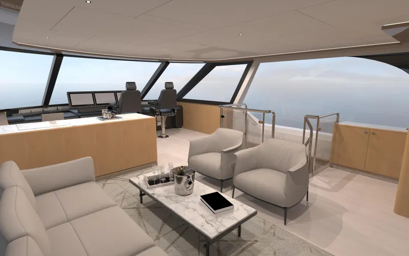 Slide: The Image of Luxurious interior of 2025 Ocean Alexander 28 Legend yacht with modern seating and panoramic views. - 19