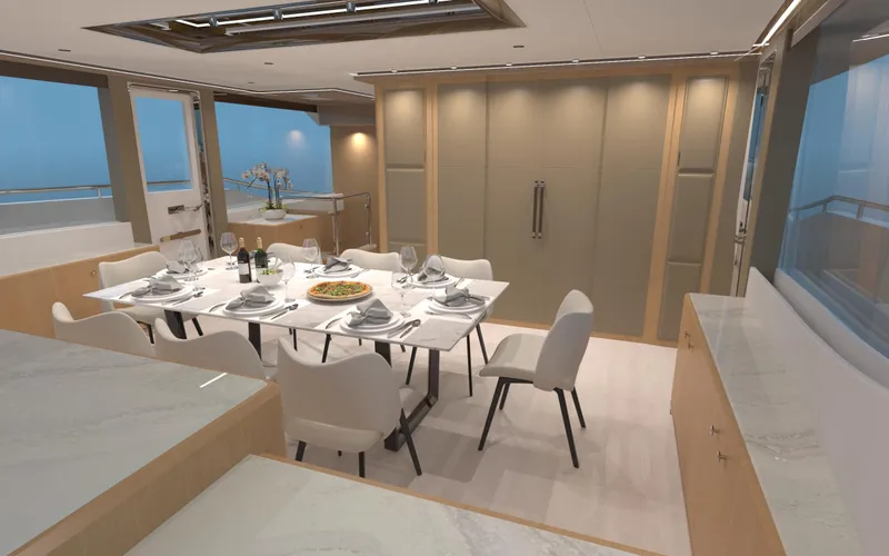 Slide: The Image of Luxurious dining area on 2025 Ocean Alexander 28 Legend yacht, featuring elegant table setting. - 3