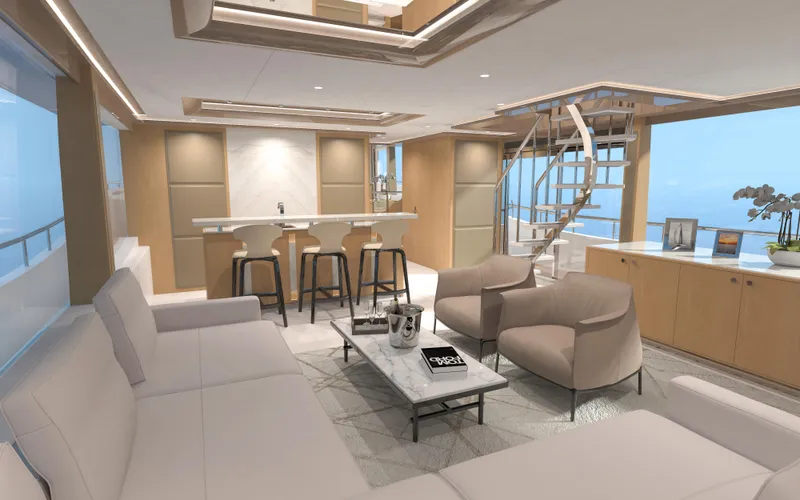 Slide: The Image of Luxurious interior of 2025 Ocean Alexander 28 Legend yacht with modern furnishings and elegant design. - 5