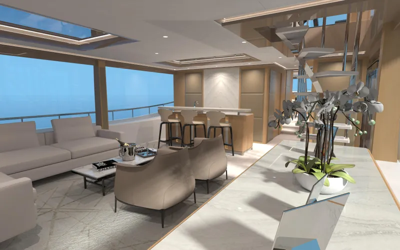 Slide: The Image of Luxurious interior of 2025 Ocean Alexander 28 Legend yacht with modern furnishings and elegant design. - 6