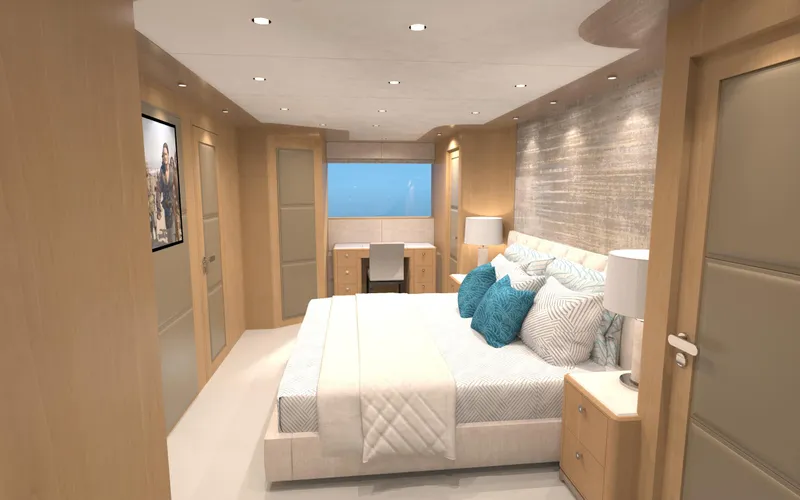 Slide: The Image of Luxurious bedroom interior of 2025 Ocean Alexander 28 Legend yacht, featuring modern design and cozy ambiance. - 9