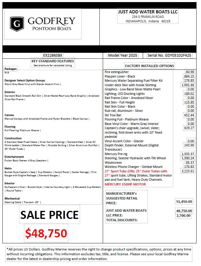 Slide: The Image of 2025 Godfrey Xperience 2286 SBX pontoon boat, sale price $48,750, detailed specifications included. - 22