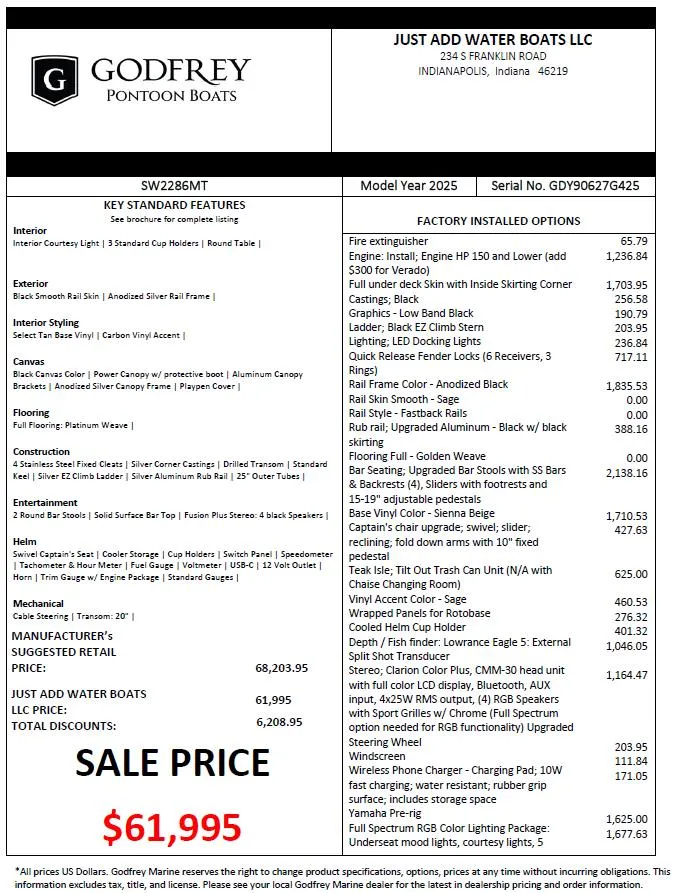 Slide: The Image of 2025 Godfrey SWEETWATER 2286 MT pontoon boat features and pricing sheet, sale price $61,995. - 28