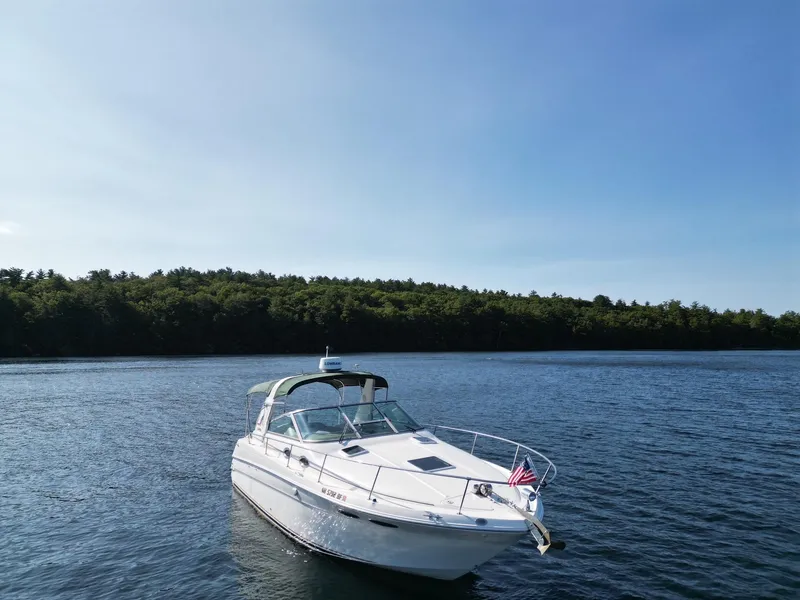 Slide: The Image of 2000 Sea Ray 290 Sundancer boat on calm water with forested shoreline. - 1