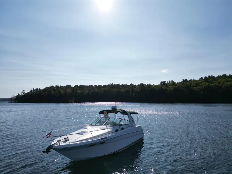 Slide: The Image of 2000 Sea Ray 290 Sundancer boat on a serene lake under a bright sun. - 21